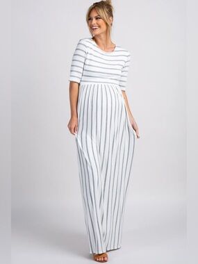 Striped Short-Sleeve Maxi Dress in Cream and Light Gray